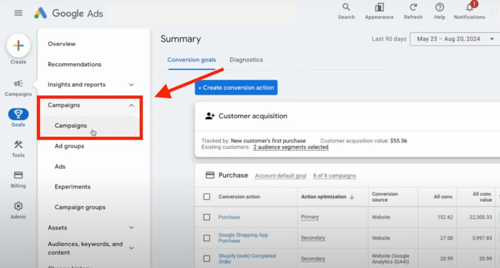 1. Go to the Campaigns tab and modify your columns to include standard conversions and conversion values.