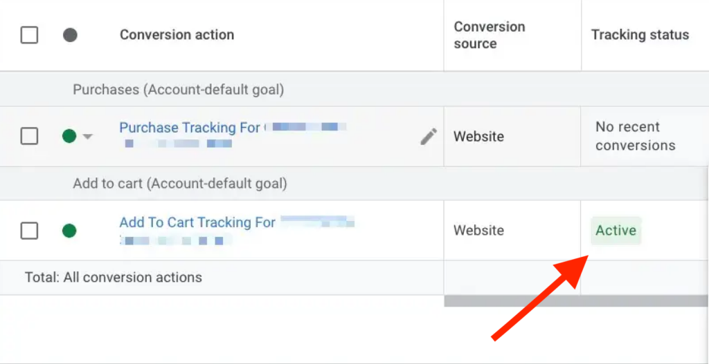 An active status should appear green, indicating that conversions are being recorded.
