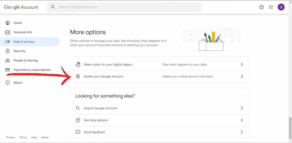 Google Account with an arrow pointing towards 'Delete your Google account'