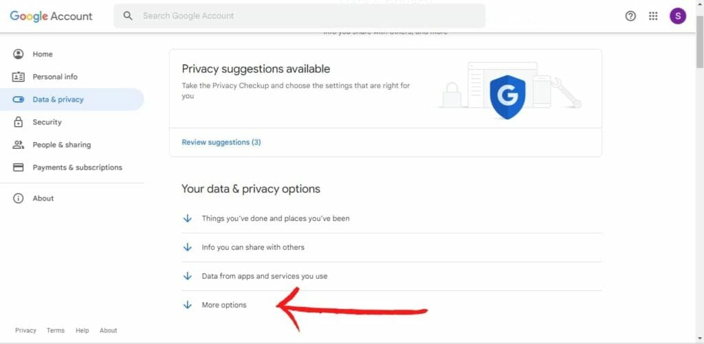Google Account with an arrow pointing towards 'More options'