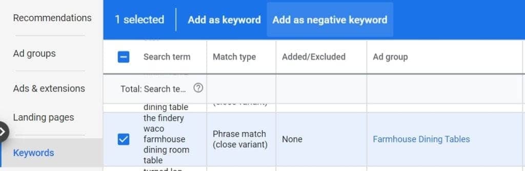 Google Ads account with the Keywords section clicked