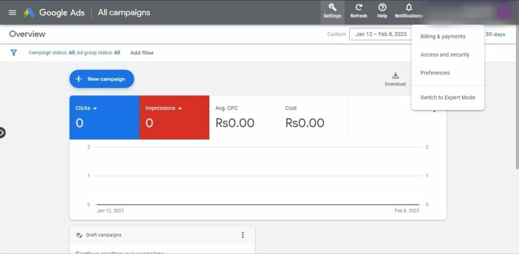 Google Ads dashboard with settings drop-down menu