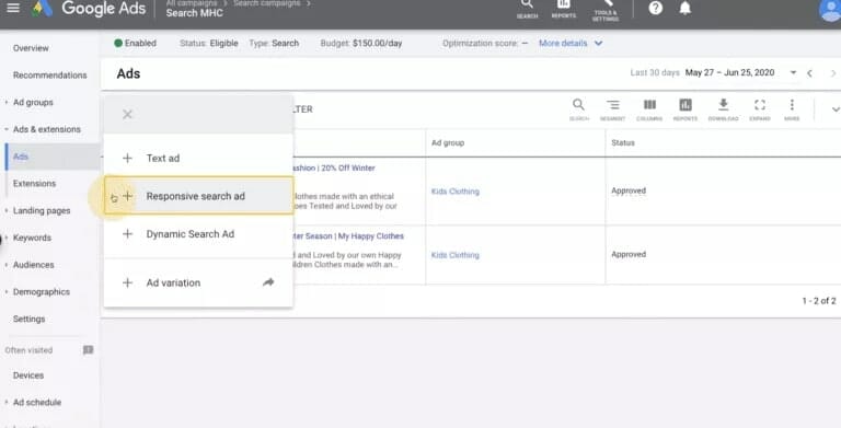 Google Ads dashboard with the cursor on Responsive search ad