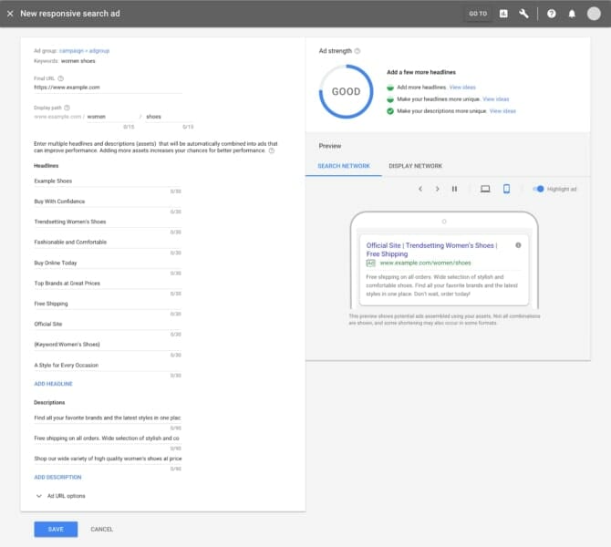 Google Ads showing Ad Strength Calculator