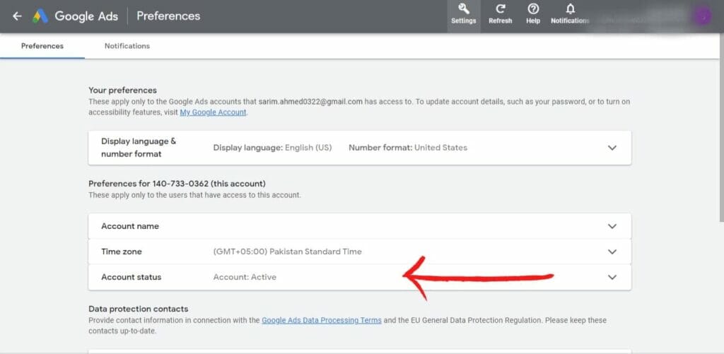 Google Ads with Account Status highlighted
