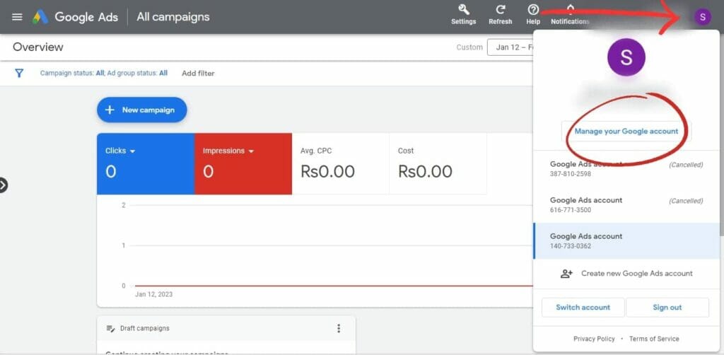 Google Ads with 'Manage your Google account' highlighted