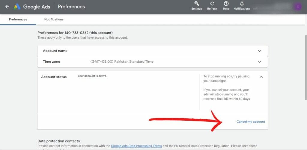 Google Ads with an arrow pointing to 'Cancel my account'