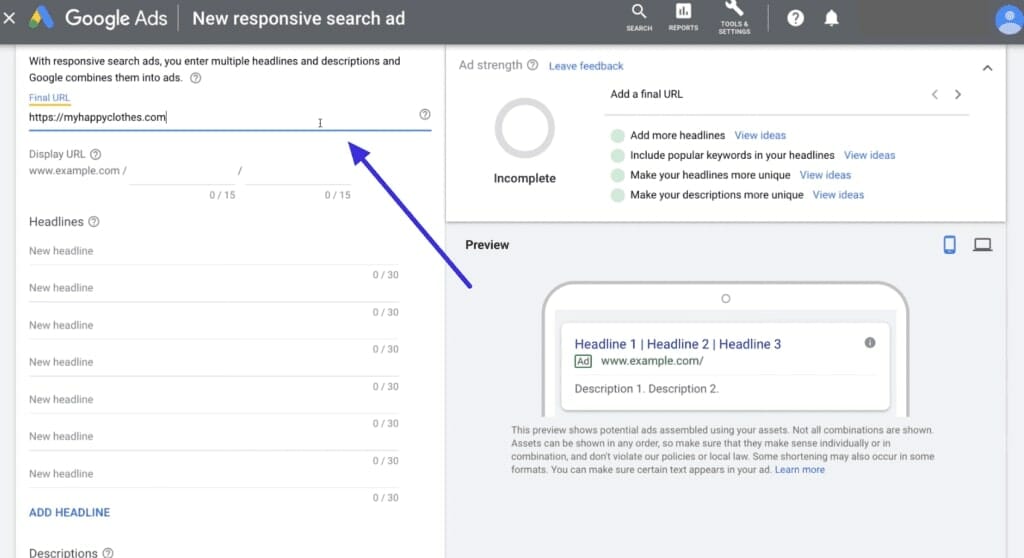 Google Ads with an arrow pointing to Final URL