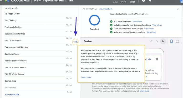 Google Ads with an arrow pointing to the pin headline icon
