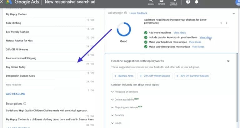 Google Ads with an arrow pointing towards headline combinations