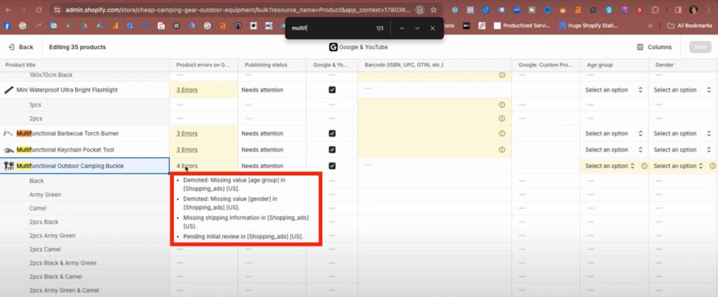 If we hover over the yellow boxed “4 errors”, it will show us the issues with the product.