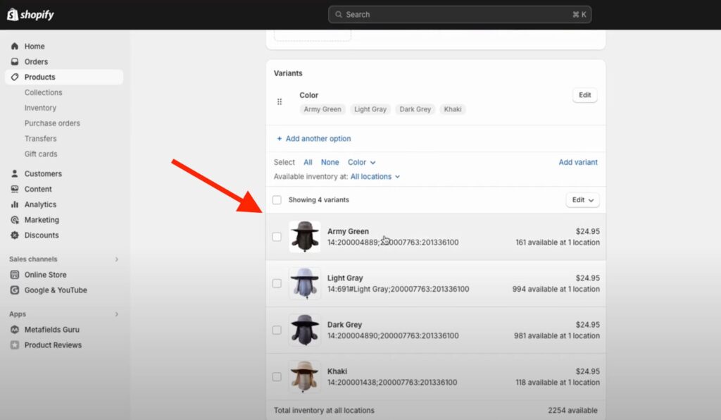 Scroll down. You won't see the gender or age fields right away. You need to edit each variant of the product. Click on a variant.