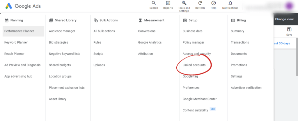 screenshot of Google Ads dashboard with the Linked accounts button in the Setup category highlighted