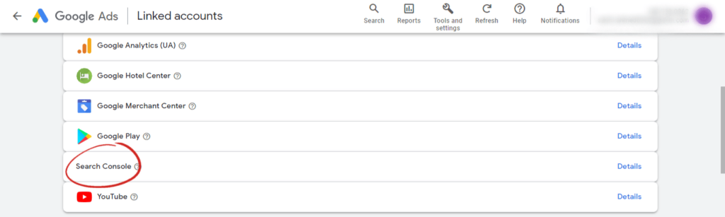 screenshot of a list of accounts that can be linked to Google Ads