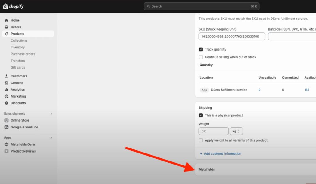 When the screen for a single variant opens, scroll down to the “Metafields” section. Click on it, then select the “Show all” button.