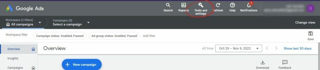 Google Ads screenshot with Tools and Settings in a red circle
