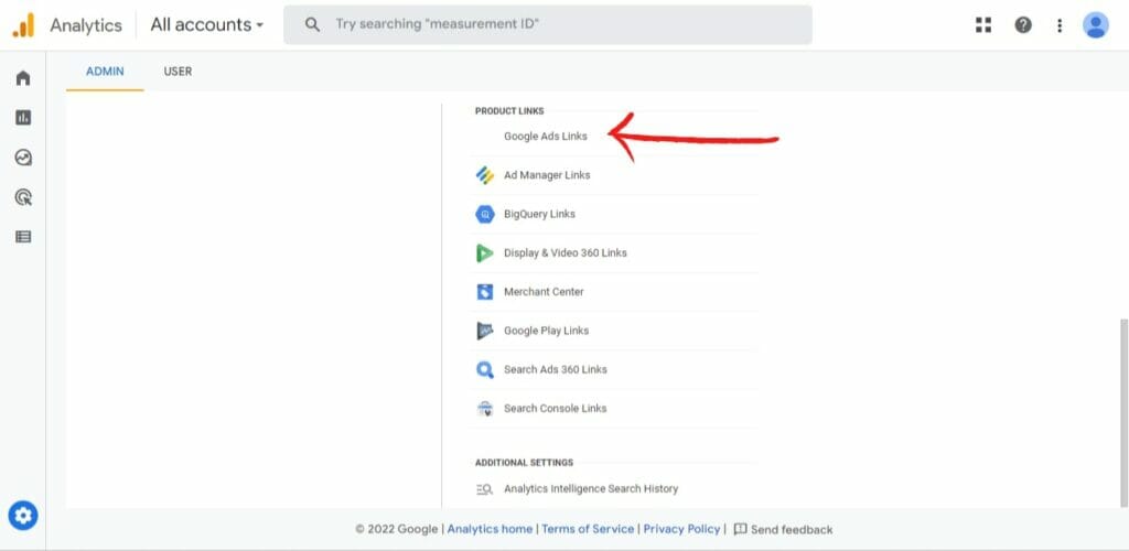 screenshot of Google Analytics with an arrow pointing to Google Ads Links