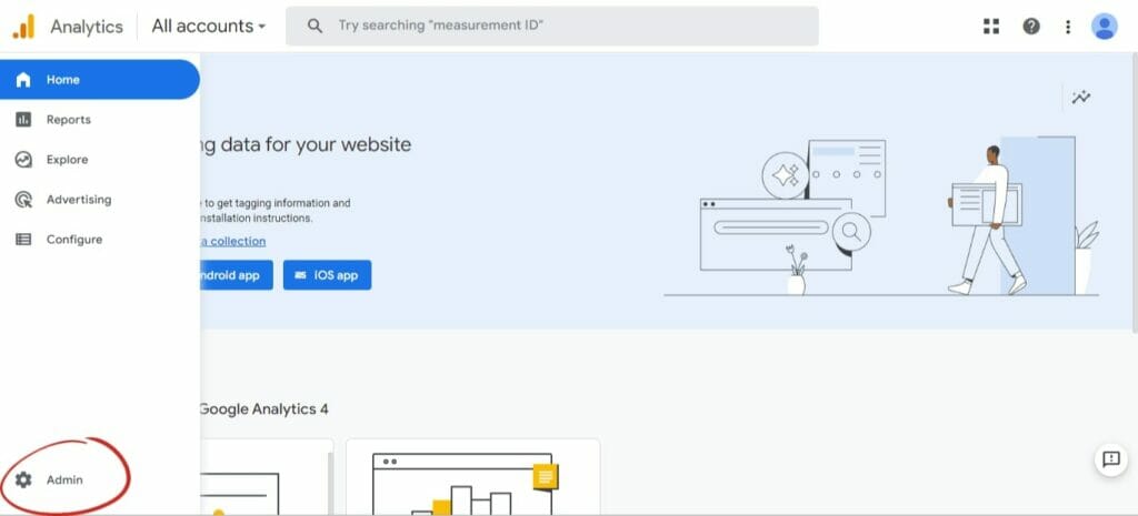 screenshot of Google Analytics dashboard with the word Admin highlighted