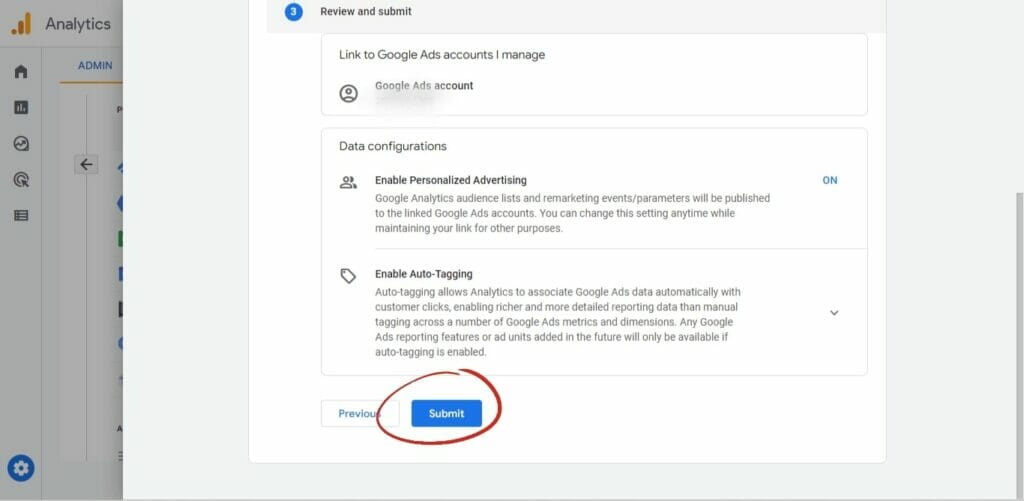 Google Analytics screenshot showing Link to Google Ads account dialogue with submit highlighted