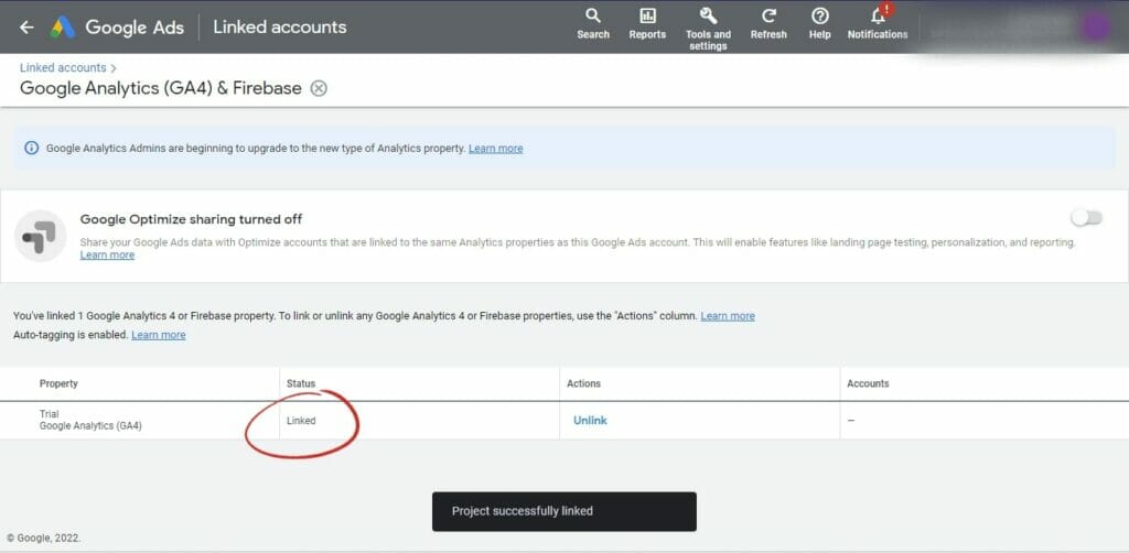 Google Ads screenshot with the word Linked highlighted in front of Google Analytics