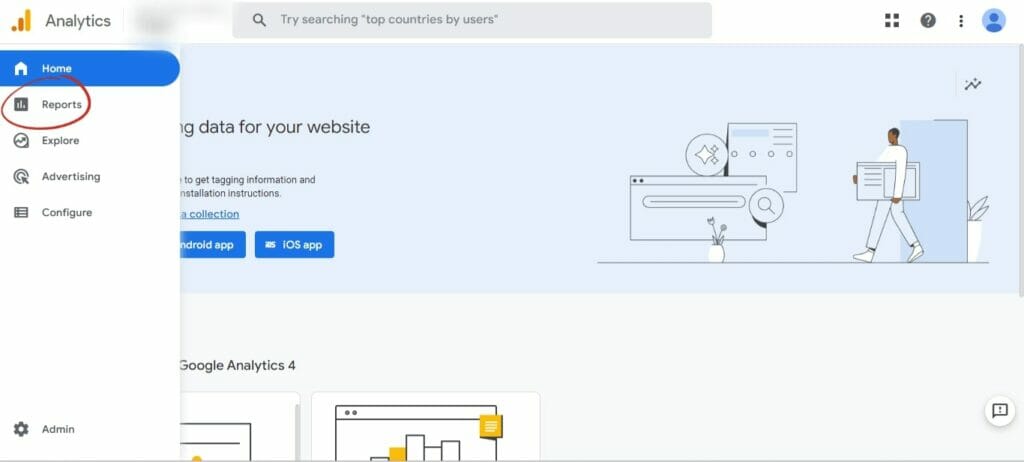 Google Analytics screenshot with Reports highlighted in the left pane
