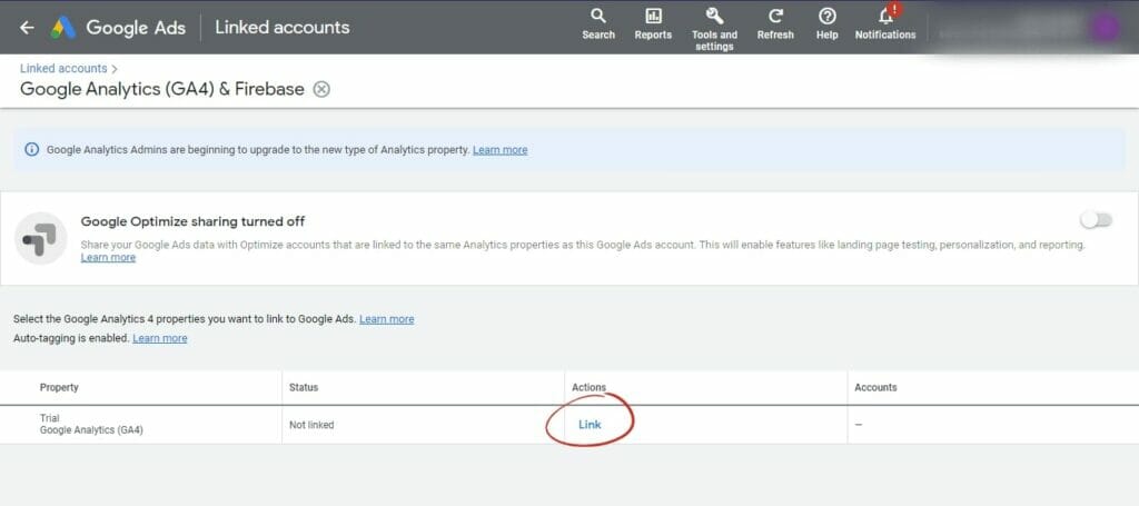 Google Ads screenshot with Link highlighted in front of Google Analytics